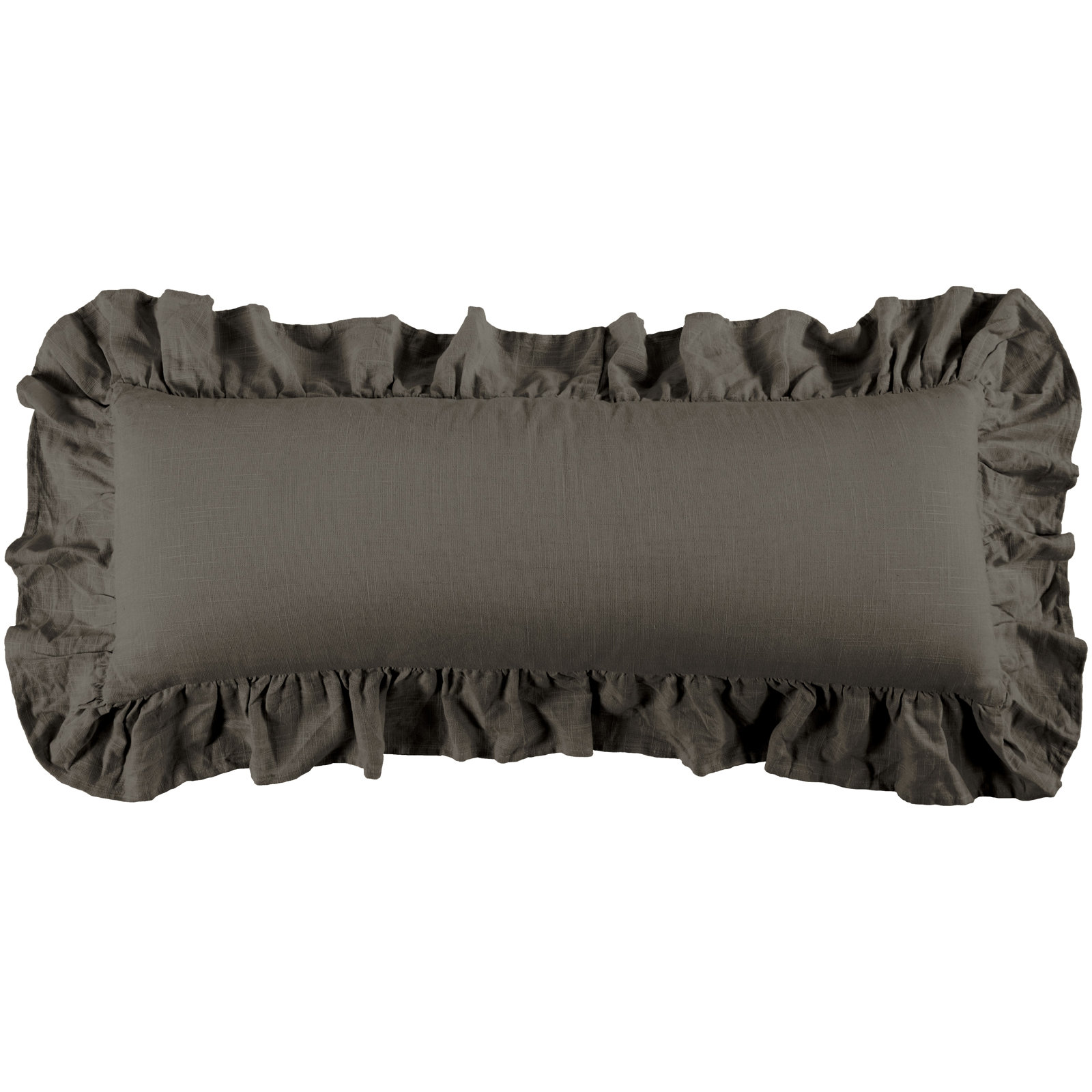 Luna Washed Linen Romantic Shabby Elegance Farmhouse 14x36 inch Ruffled Lumbar Pillow, Slate