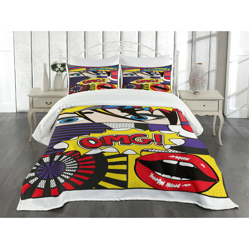 Ambesonne Art Bedspread Set Comic Book Pattern Multicolor, King Bedspread + 2 Standard Shams