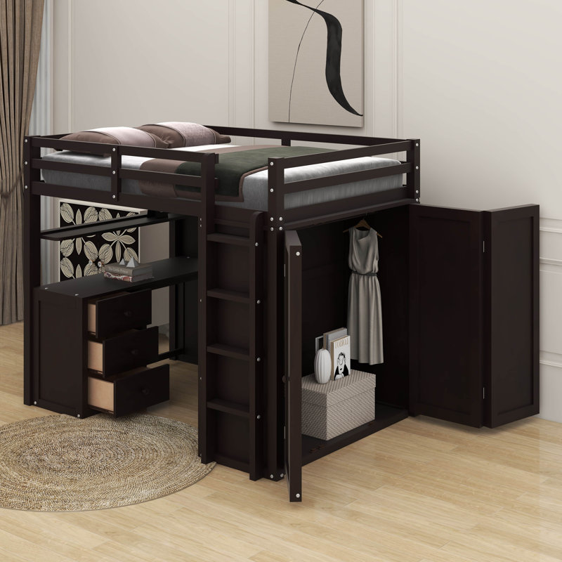 Full Size Loft Bed With Drawers,Desk And Wardrobe, Espresso