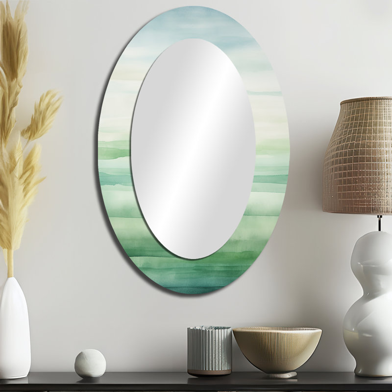 Minimalism Harmonic Horizon Landscape III - Abstract Oval Decorative Mirror On Metal, 36" x 24"