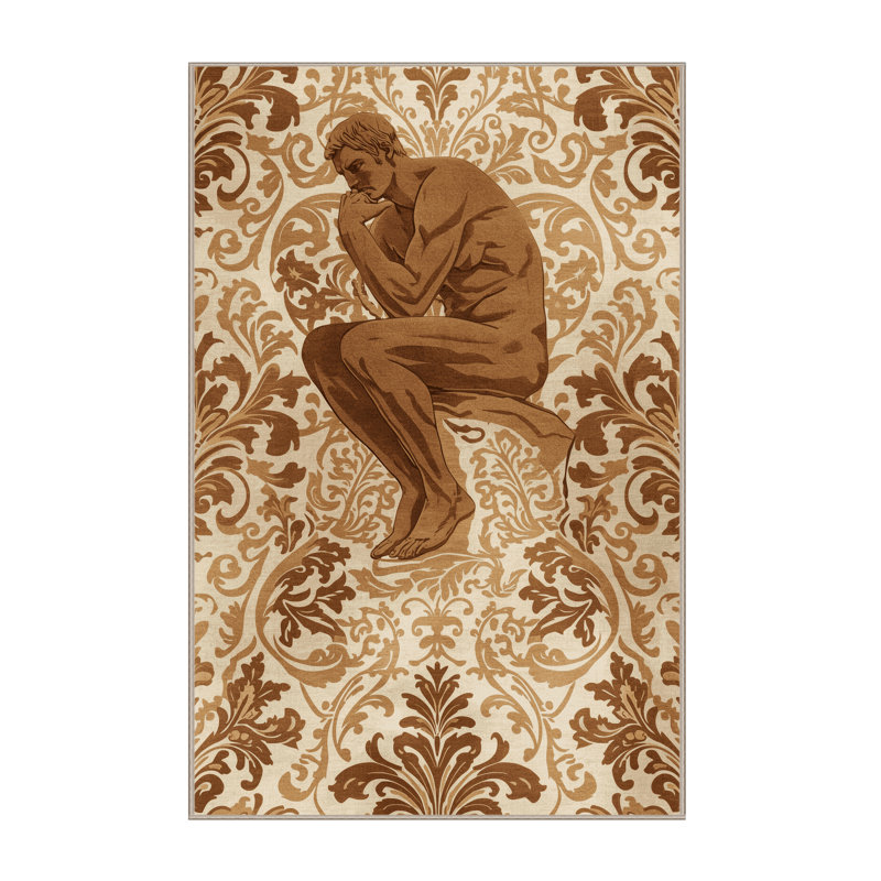 Soft Plush Bleeker Thinker Statue Classic Damask Area Rug in Beige – Beige Binding, 5x7