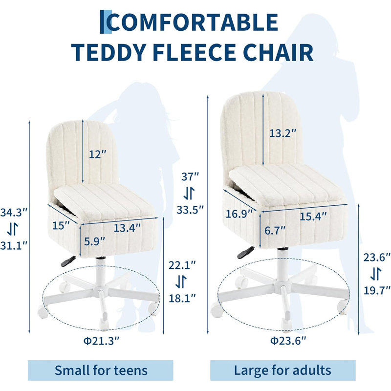 Tabouret de rangement avec hauteur réglable, pivotant à 360 °, dossier rabattable et roues silencieuses, repose-pieds en fausse fourrure