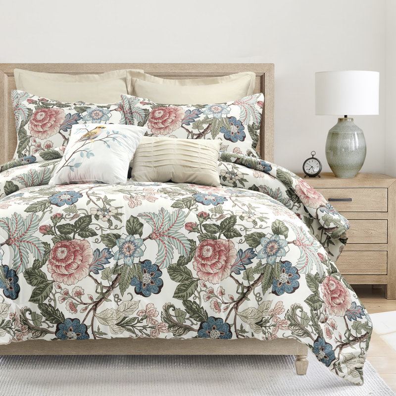 Sydney Microfiber Reversible Comforter Set 7Pc, Full/Queen Comforter, 4 Sham, 2 Dec. Pillow, Green/Blue Floral
