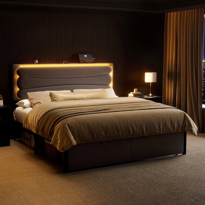 Grand lit tapissier avec 2 tiroirs de rangement, lit de rangement en velours avec lumière DEL et station de charge, Grand