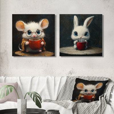 Drôle de lapin ayant un thé I - souris, art mural - décoration murale moderne 2 pièces