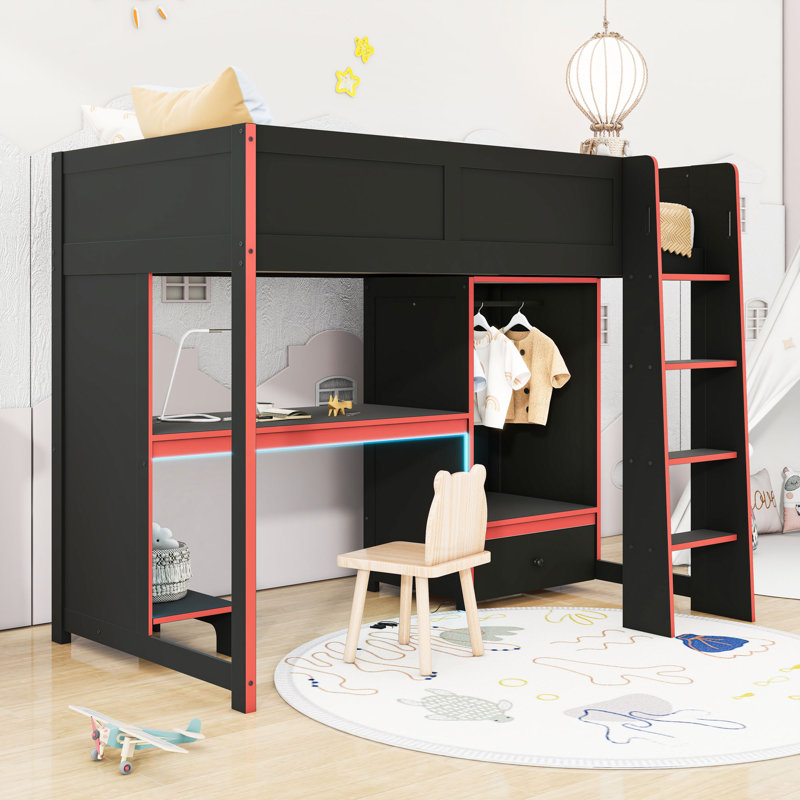 Lit mezzanine en bois 1 tiroir avec bureau, garde-robe et éclairage DEL, Simple