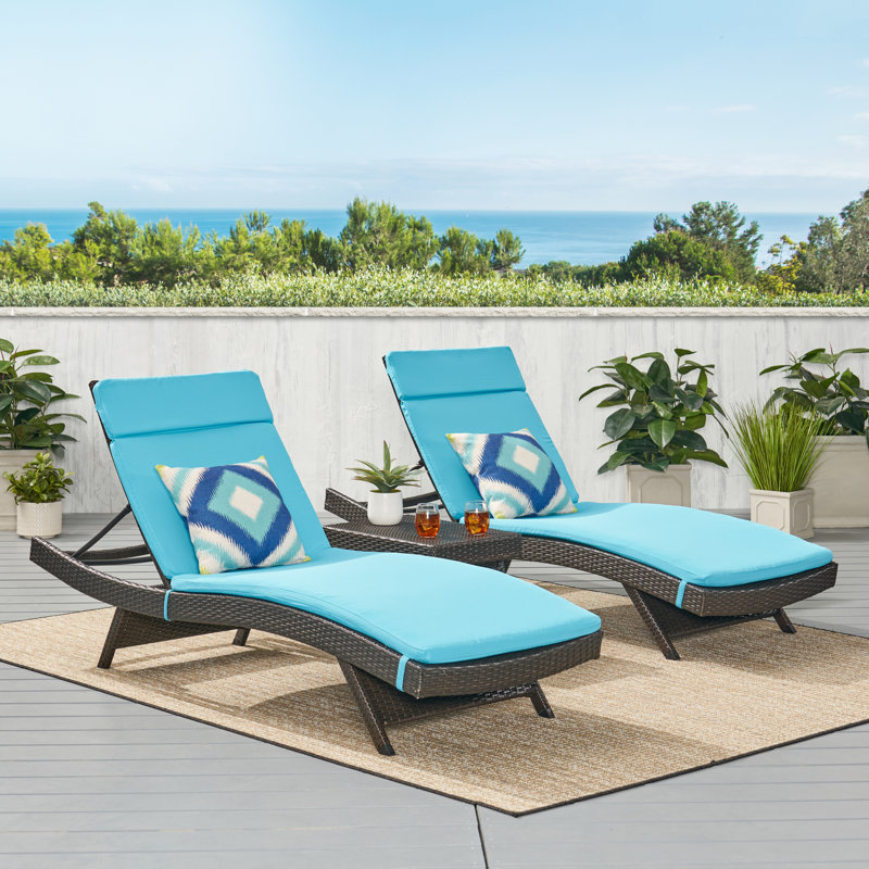 Frankel Outdoor Wicker Chaise Lounge Set with Table , Cushion Included, Blue