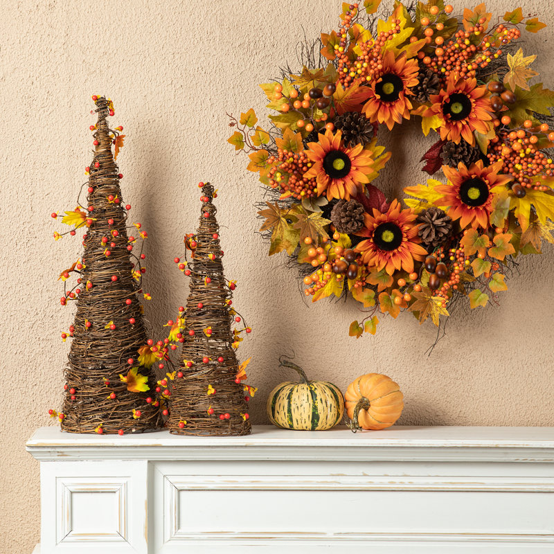 24"H Fall Rattan Berries and Maple Leaves Table Tree