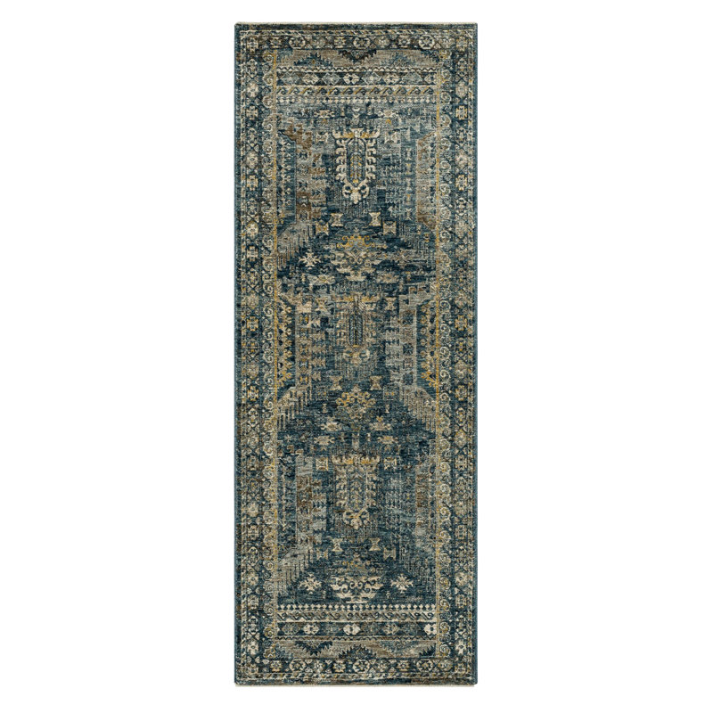 Tapis bleu / gris Karamar, Tapis de couloir 2 pi 7 po x 7 pi 3 po