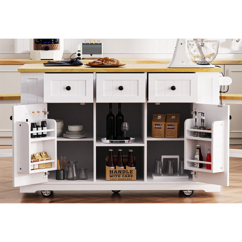 Grand îlot de cuisine de 53 pouces avec rallonge, prise de courant, support de rangement interne pour porte, chariot de cuisine sur roulettes sur 5 roulettes avec 5 supports latéraux ouverts pour la cuisine, la salle à manger (n'inclut pas les tabourets de bar)