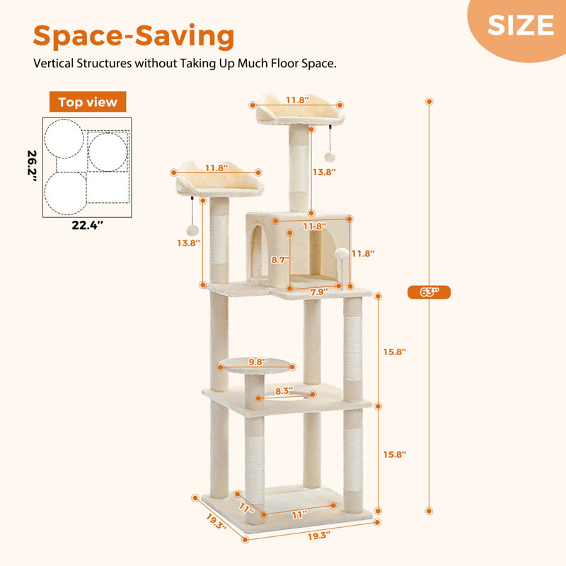 Tour pour chat de 63 po avec grattoir et condo confortable 63 po, Beige