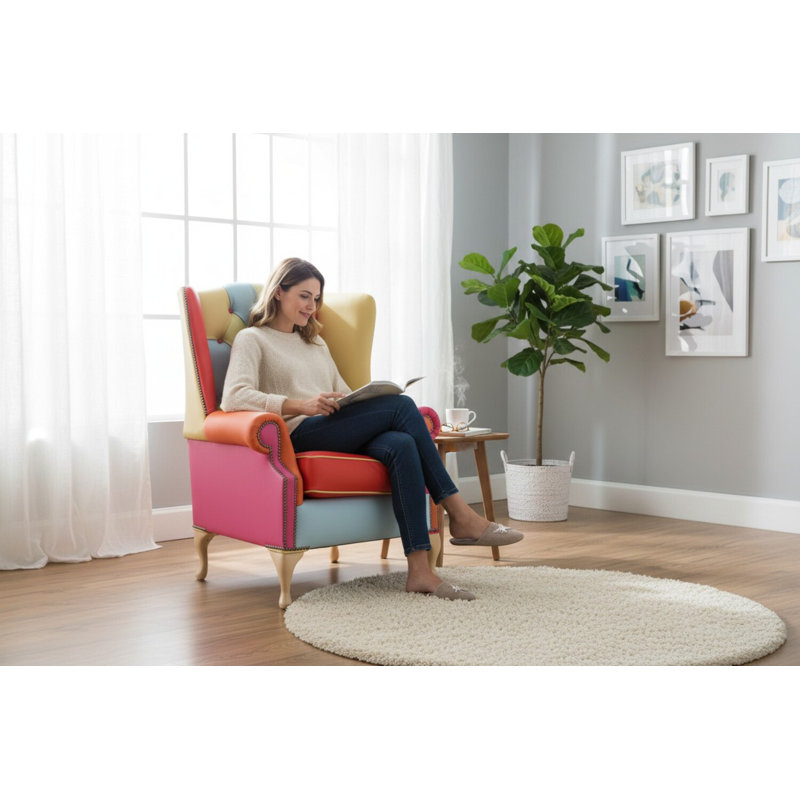1 Seater Genuine Leather Loveseat, Red/Pink, Natural