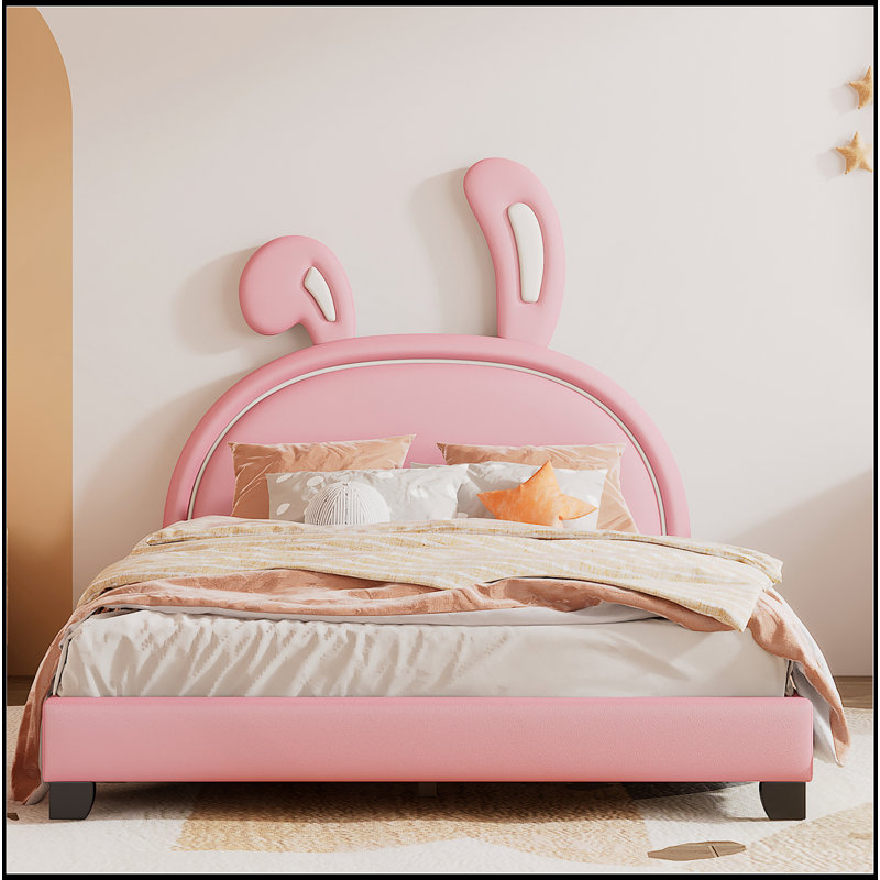 Lit plateforme tapissier en cuir avec ornement en forme de lapin, Lit double, Rose