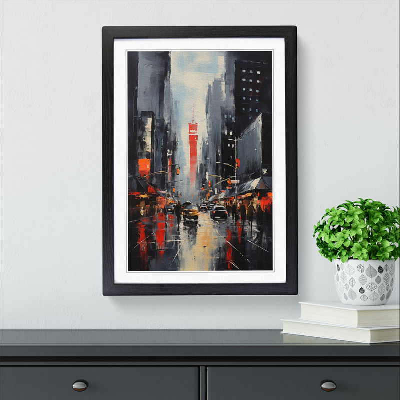 New York Gestural - Single Picture Frame Print on Wood, Black, 64cm H x 46cm W x 2cm D