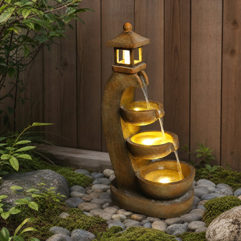 Fontaine d'extérieur à plusieurs niveaux avec lumières DEL chaudes, fontaine de patio en résine résistante aux intempéries