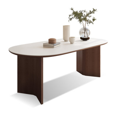 Table de salle Ã  manger en bois massif avec plateau ovale en pierre frittÃ©e blanche, pour la salle Ã  manger ou la cuisine