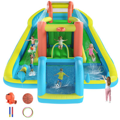 Inflatable Bounce House with Double Slide, Bouncy Castle for Kids 3-12 with Blower, Water Cannon, Football Net, Jumping, Climbing Wall, Basketball Hoop, Backyard Water Park for Kids
