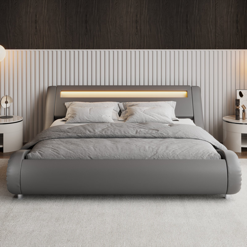 Charlesten Vegan Leather Platform LED Lights Bed with Wooden Slats and Adjustable Headboard, RGB Lighting & Music Sync, No Box Spring Needed