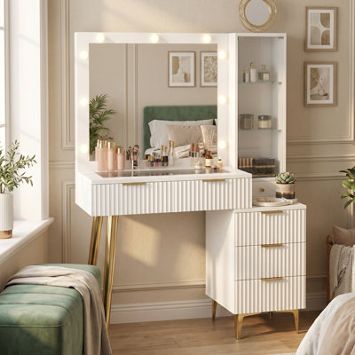 Wide Makeup Vanity , Makeup Desk With Mirror, Vanity Desk With 5 Drawers, Mirror Glass Top Vanity Table For Bedroom