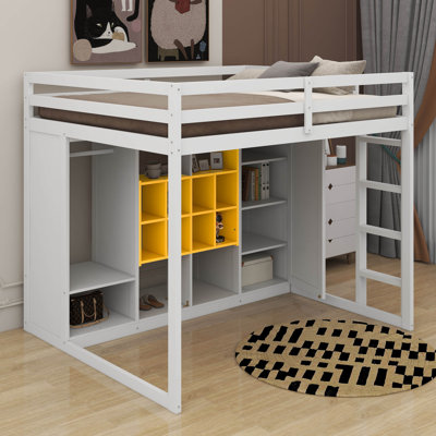 Twin Size Wood Loft Bed With Wardrobe, Shelves And Cabinet