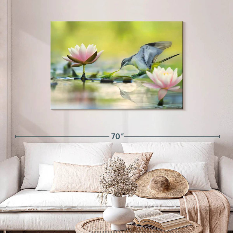 Brampt Lotus And Gray Wagtail Bird, 30" H x 45" W