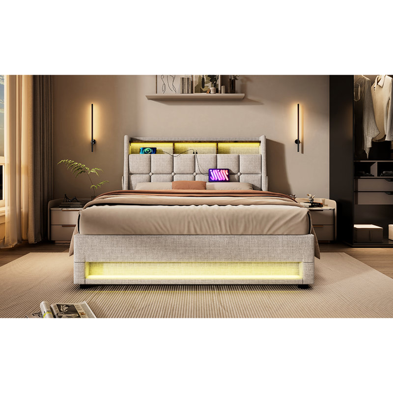 Grand lit avec lumières à DEL et poche latérale pratique - rangement rembourré naturel, Naturel, Grand lit