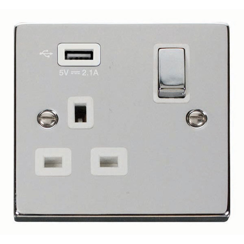 Polished Chrome 1 Gang 13A DP Ingot 1 USB Switched Plug Socket
