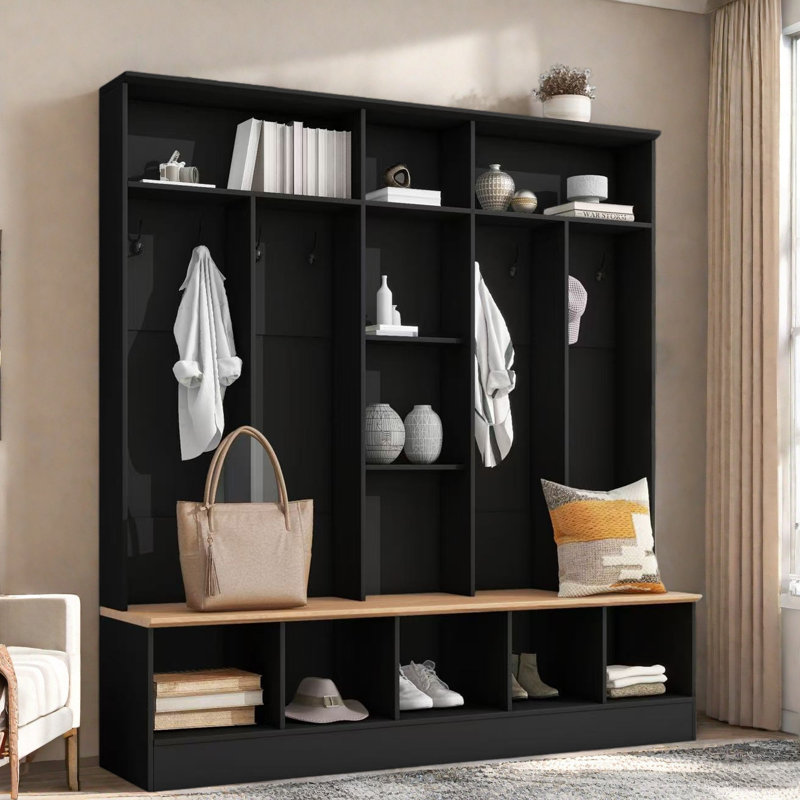 Wide Design Hall Tree With Storage Bench, Shoe Cabinet, Shelves And 8 Hooks, Black