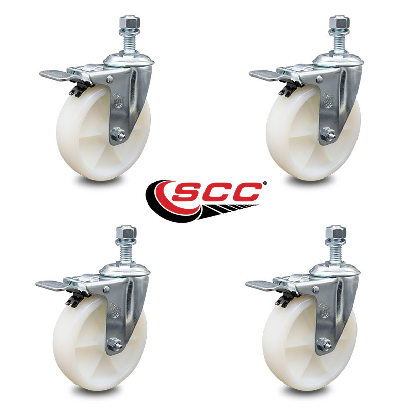 Ensemble de roulettes à tige filetée pivotante en nylon de 5 po et 3/8 po avec frein à verrouillage total SCC