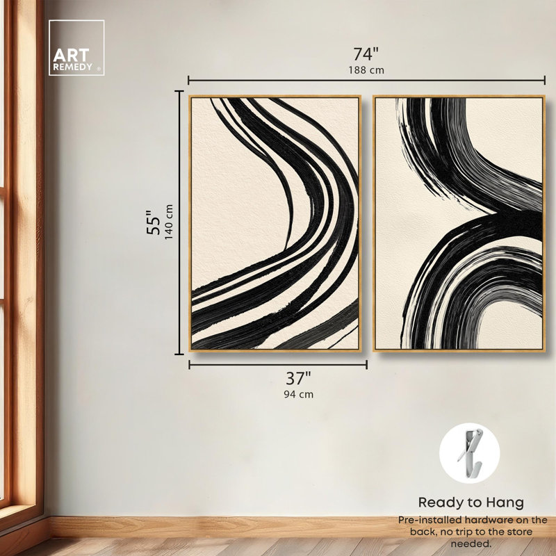 Ensemble d'art abstrait moderne « Minimalist's Marks » sur toile par Art Remedy, cadre noir, 10 x 15, 55" H x 37" W