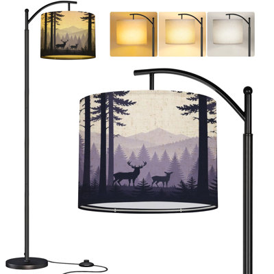  Lampe sur pied à arc avec paysage réaliste, forêt de conifères, pin, grand lampadaire moderne à DEL, abat-jour réglable en lin, 3 températures de couleur