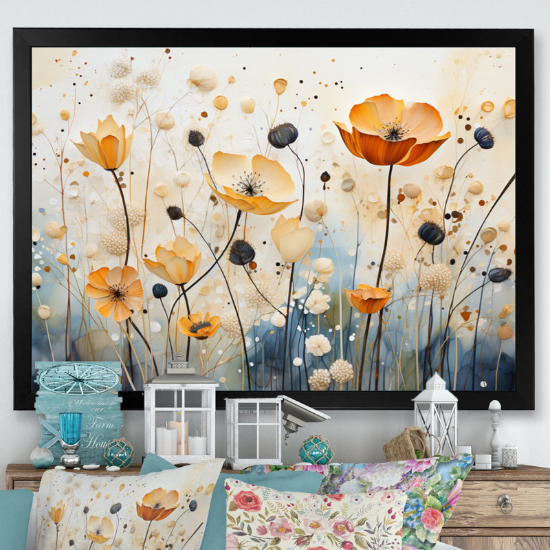 Décoration murale orange et bleu avec sourdine botanique I - Botanicals abstraits, Cadre simple noir