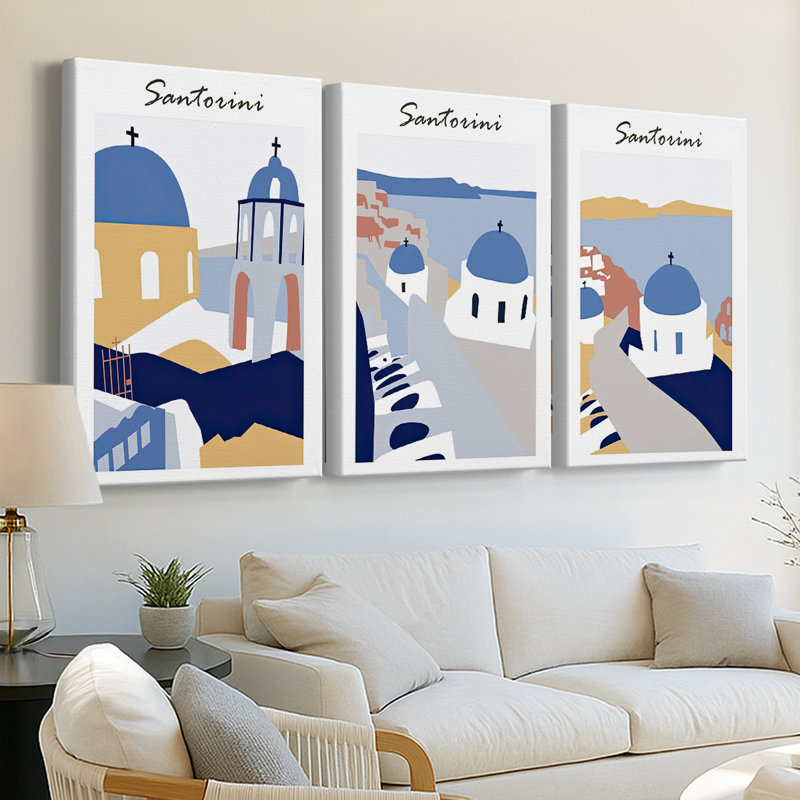 Santorini Grèce I, toile tendue sur mesure - 3 pièces, H 48 po x l 96 po