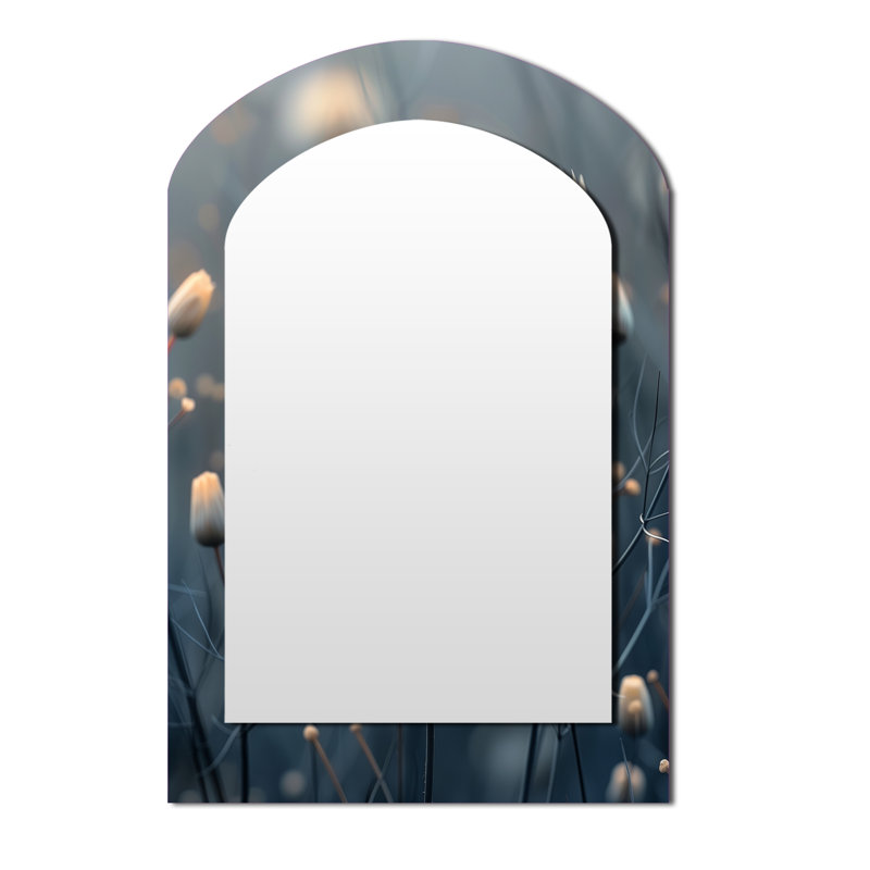 Monochrome White Grey Heather Hills Dandelion Photo II - White Modern Arch Wall Mirror, 43" x 33"