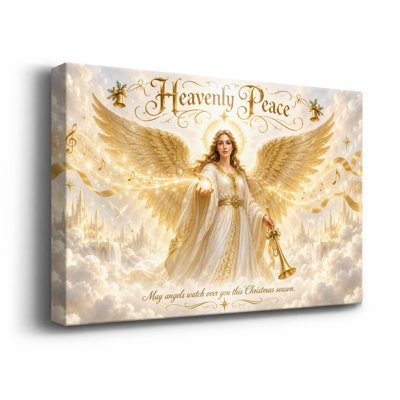 Angel with Golden Wings and Trumpet in Heavenly Christmas Canvas Wall Art