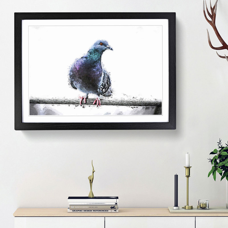 Pigeon Bird on a Wire - Picture Frame Painting Print, 36cm H x 48cm W x 2cm D, Black Framed