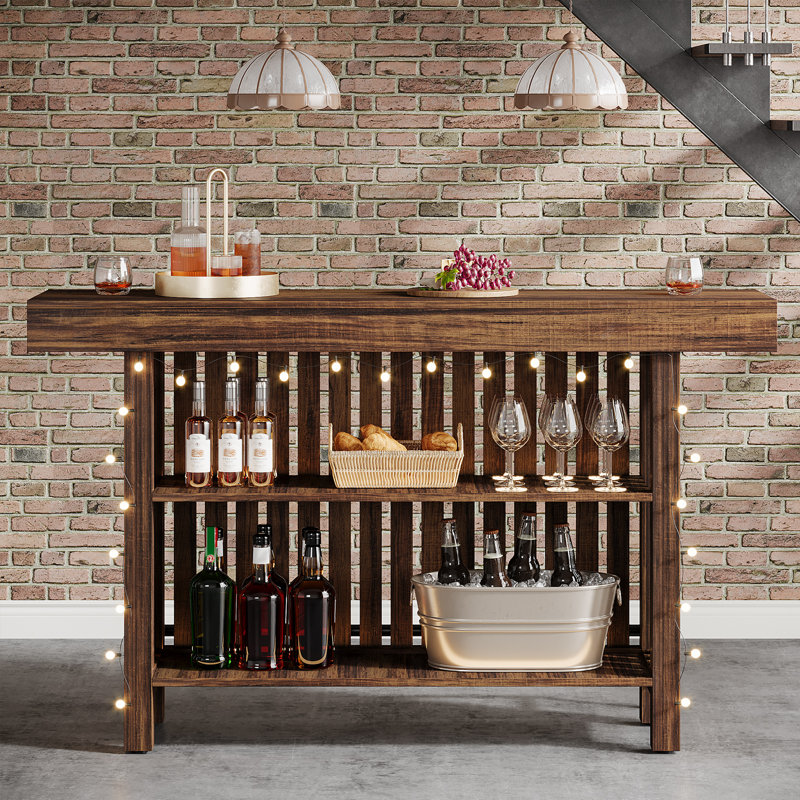 Table de bar moderne à 2 niveaux avec repose-pieds et bar pour la maison, Brun rustique