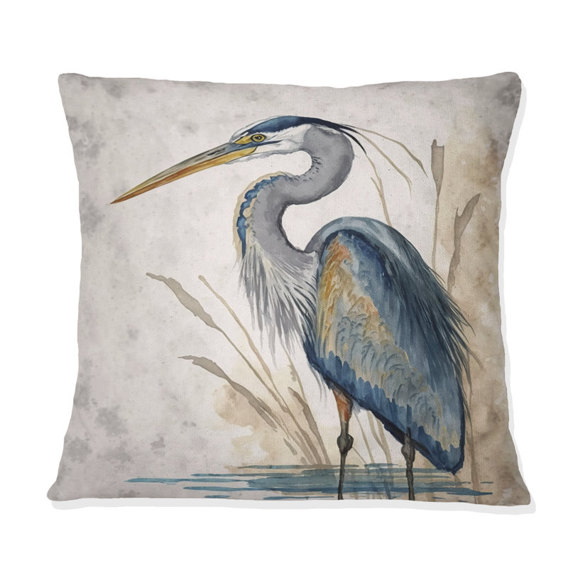 Coussin Heron By The Waterside Watercolor II - imprimé animaux Heron, H 16 po x l 16 po, Carré