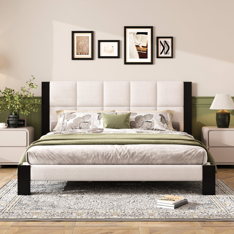 Lit tapissier beige et noir très grand, tête de lit carrée, construction, sommier, matelas 8 12 pouces, cadre de lit Peaceful Space noir avec lattes silencieuses, sans ressorts, ambiance