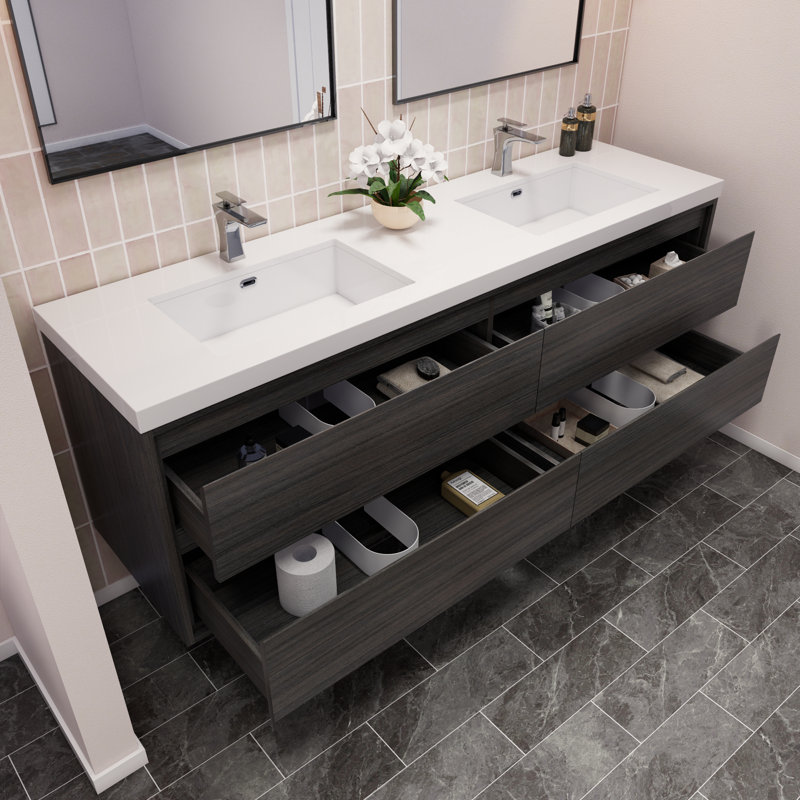Azden 70.6" Wall-Mounted Double Bathroom Vanity Set, Gray Oak