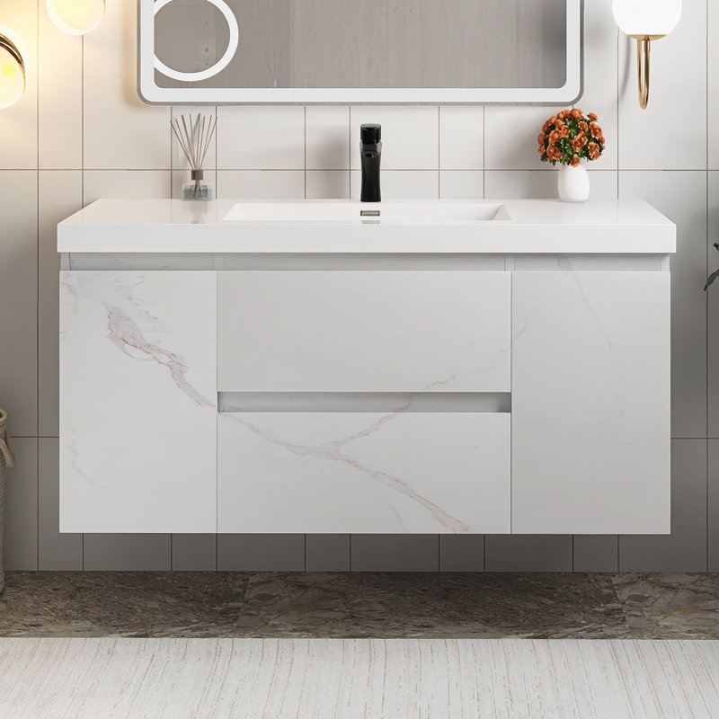 Ensemble de meuble-lavabo mural simple 48 po avec plateau en résine 48 po, Carrare blanc