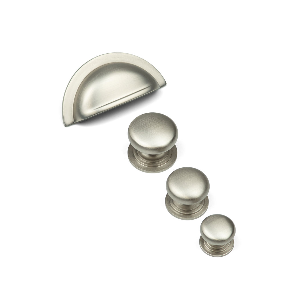 Satin Nickel Cup Handle & Coordinating Knobs