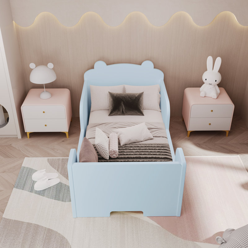 Toddler Solid Wood Bear Shaped Floor Bed, Baby Blue