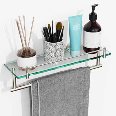16 Inch Floating Tempered Glass Bathroom Shelf with Towel Bar