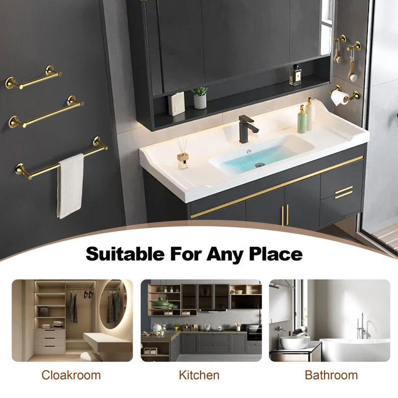 6 - Piece Bathroom Hardware Set, Brushed Gold, 3" H x 22" W x 3" D