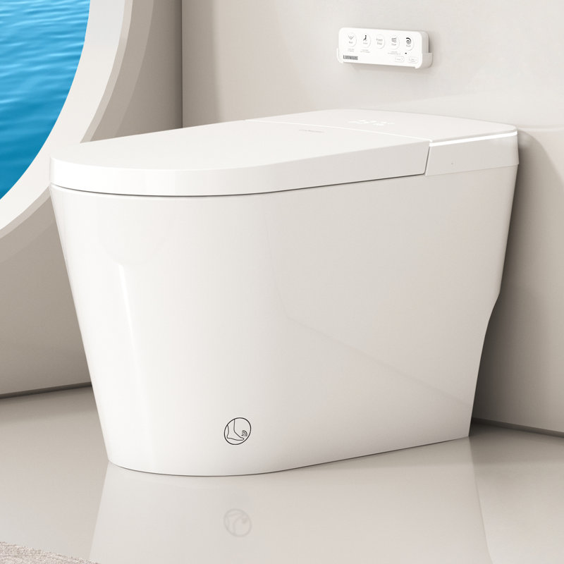 Toilette intelligente avec bidet intégré, toilette de bidet allongée une pièce de luxe avec fermeture et chasse automatiques, capteur de pied pour ouvrir / fermer / rincer, siège chauffant, lavage par massage, veilleuse, télécommande