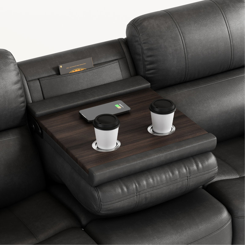 3 Reclining With Breathable Fabric In Gray, Drop Down Table & Wireless Charging Port , Table, Button - Gray