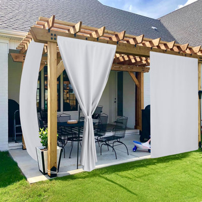 2 Panels Rod-Free Outdoor Curtains for Patio Waterproof, Sticky Top & Back Tab Bottom with Free Rope for Wind Resistance, Weatherproof Drapes for Gazebo/Porch