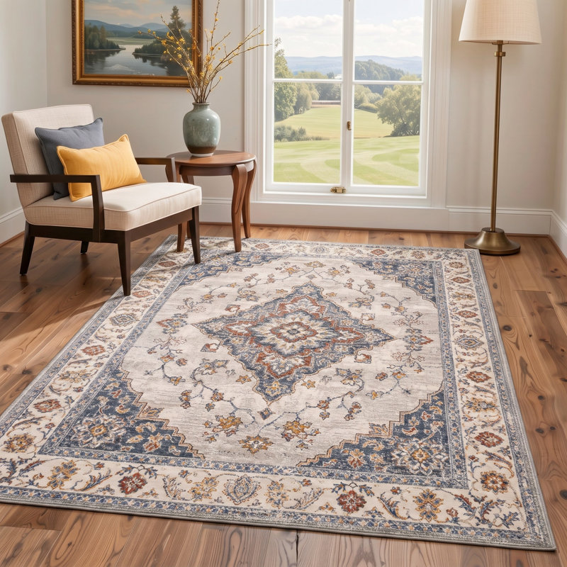 Tapis traditionnel ivoire / bleu Performance à poils courts et antidérapant, Rectangle 4 pi x 6 pi