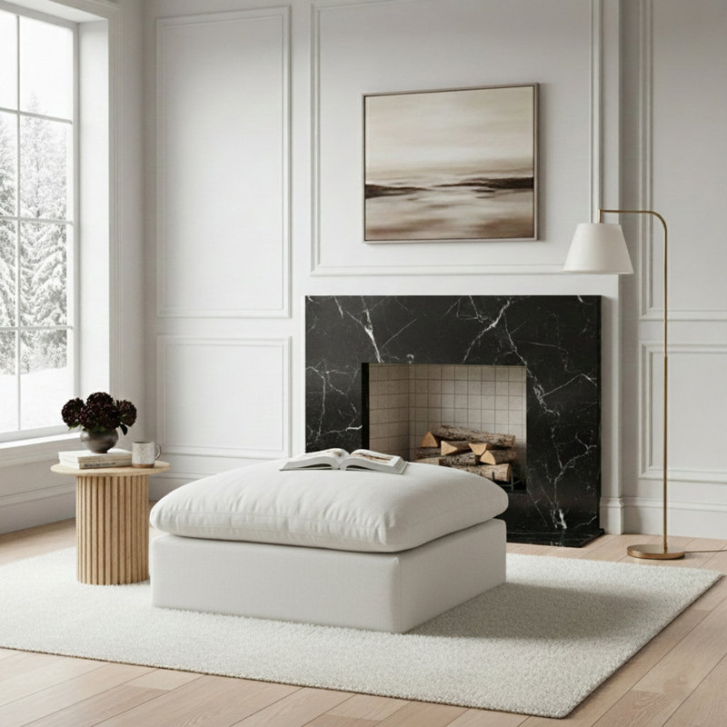 Israar Upholstered Ottoman, White Linen Textured Fabric